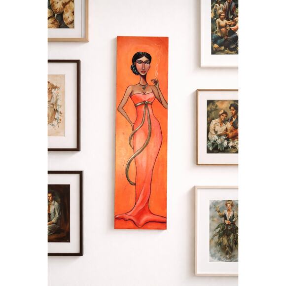 vintage Cate Rangel original signed painting on wood tall figurative woman decor